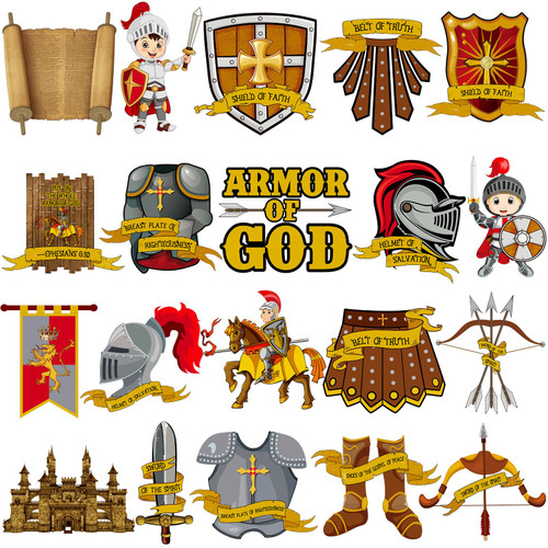 Teling 60 Pcs Armor of God Cutouts for Kids Books of The Bible Poster Religious Bulletin Board for Sunday School and Religious Classroom Decorations Children Kids Home Wall Bible Crafts Art Activities