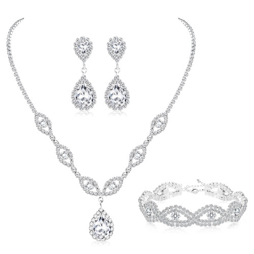 Jstyle Bridal Wedding Jewelry Set Silver Rhinestone Necklace Bracelet Dangle Earrings for Bride Bridesmaid Teardrop Pendants Crystal Prom Costume Jewelry Accessories for Women (3 piece set) B