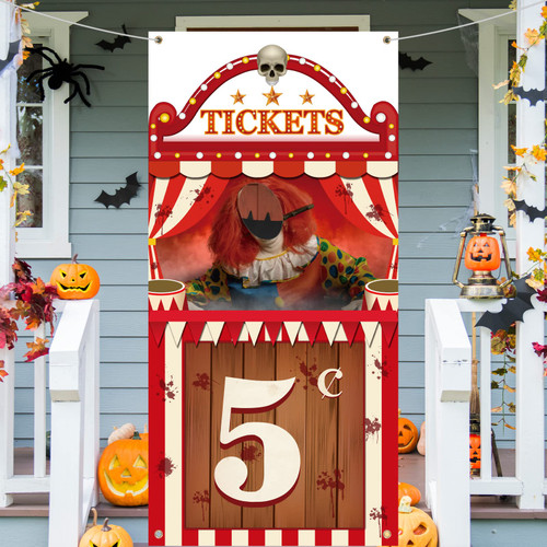 Halloween Scary Clown Photo Booth Carnival Circus Party Decoration Creepy Carnival Theme Door Cover Banner Ticket Booth Backdrop Props Large Photo Door Banner for Halloween Carnival Party Decorations