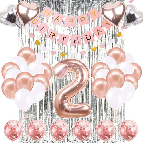 2nd Birthday Girl Decoration, Girls Two Birthday Decoration with Happy Birthday Banner, Number 2 Balloons for Rose Gold Party Supplies Decoration 2nd birthday
