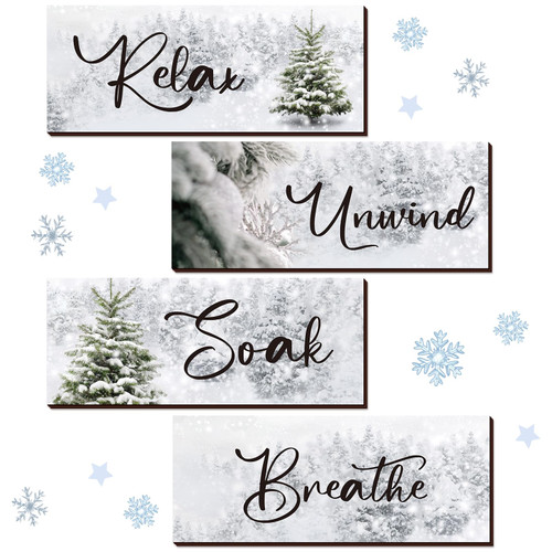Huwena 4 Pcs Christmas Bathroom Wall Decor Relax Soak Unwind Breathe Wall Art Bathroom Decor Winter Wood Hanging Wall Pediments Rustic Xmas Wooden Sign for Home Living Room Laundry Bathroom Spa (Tree)