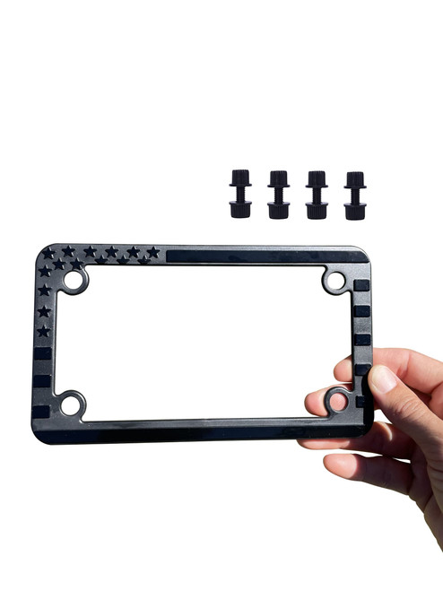Motorcycle American Flag License Plate Frame - Subdued 3D Embossed USA Flag in Gloss on Matte Black Finish for Motorcycle, Harley