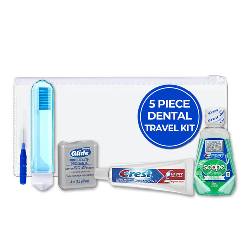 Premium Travel Toiletries Toothbrush Set Dental Kit | TSA-Approved Travel Sized Toothbrush, Glide Floss, Crest Toothpaste, Scope Mouthwash, Teeth Cleaner Pick & Bag (1 Kits)
