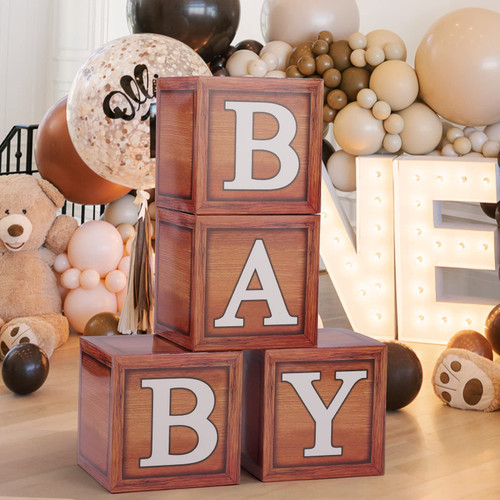 Voircoloria Baby Boxes with Letters for Baby Shower, Baby Shower Decorations with 4 Balloon Boxes for Gender Reveal Baby Shower Decorations(Wood)
