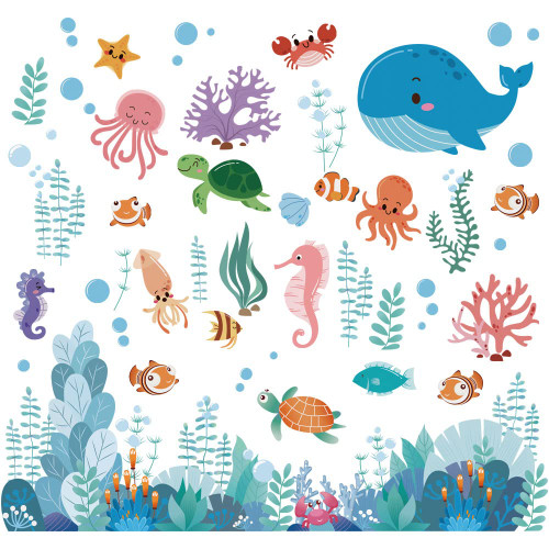 Supzone Under The Sea Wall Decals Ocean Creatures Wall Stickers Dolphin Turtle Ocean Grass Colorful Sea Life Wall Art Sticker for Kids Baby Nursery Bedroom Playroom Bathroom Wall Decor