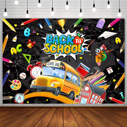 AIBIIN 7x5ft Welcome Back to School Backdrop for Kids First Day of Kindergarten Party Decorations Blackboard Classroom Pencil School Bus Teacher Student Photography Background Banner Photo Props