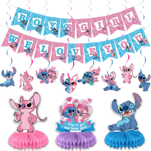 Stitch and Angel Gender Reveal Party Supplies,Includes Boy or Girl We Love You Banner,Hanging Swirls and Table Decorations Honeycomb Centerpieces for Stitch and Angel Gender Reveal Party Decorations.