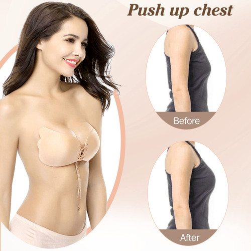 Sticky Bra, Backless Strapless Bra Push Up, Adhesive Invisible Lift Up Bras 2 Pairs Black/Beige