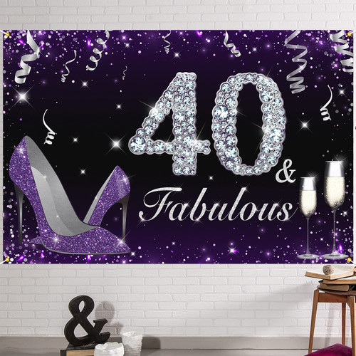 HAMIGAR 6x4ft Happy 40th Birthday Banner Backdrop - 40 & Fabulous Heels Birthday Decorations Party Supplies for Women - Purple