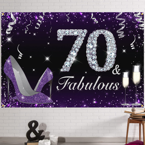 HAMIGAR 6x4ft Happy 70th Birthday Banner Backdrop - 70 & Fabulous Heels Birthday Decorations Party Supplies for Women - Purple