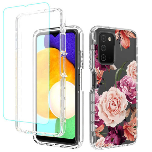 Bohefo Case for Galaxy A03S Case, SM-A037U Case with Tempered Glass Screen Protector, Full Body Cute Floral Bumper Shockproof Protective Phone Case Cover for Samsung Galaxy A03S (Purple Flower)
