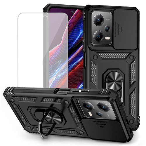 Yodueiv for Redmi Note 12 Pro Case, Poco X5 Pro 22101320G Case with Tempered Glass Screen Protector and Slide Camera Cover, Magnetic Ring Car Mount Holder Cover for Xiaomi Redmi Note 12 Pro 5G Black