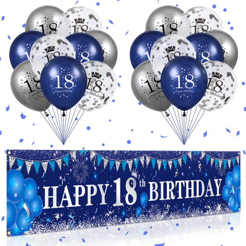 Blue 18th Birthday Decorations for Boys Girls, Navy Blue Silver Happy 18th Birthday Yard Banner and 18th Birthday Balloons for 18th Birthday Anniversary Party Supplies, Eighteen Year Old Party Decorations