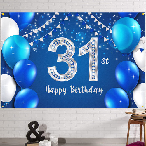 HAMIGAR 6x4ft Happy 31st Birthday Banner Backdrop - 31 Years Old Birthday Decorations Party Supplies for Women Men - Blue Silver
