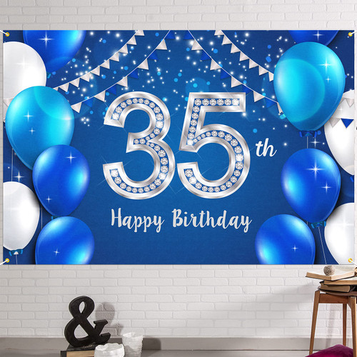 HAMIGAR 6x4ft Happy 35th Birthday Banner Backdrop - 35 Years Old Birthday Decorations Party Supplies for Women Men - Blue Silver