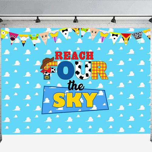 Reach Four The Sky Backdrop Toy Inspired Story 4th Birthday Party Backdrop Banner for Boys Girls 4th Cartoon Story Birthday Decorations 5X3ft Reach Four The Sky Backdrop Toy Inspired Story 4th Birthday Party Backdrop Banner for Boys Girls 4th Cartoon Story Birthday Decorations 5X3ft