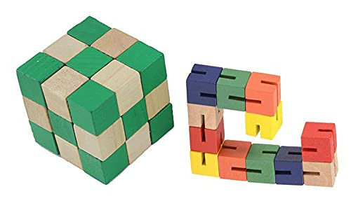 Set of 2 Wood Fidgets - Bendy Snake and Cube Puzzle Fidget Toy - Flexible Puzzle Fidget with Wood Cubes and Elastic - Turn and Twist to Turn Back into a Cube