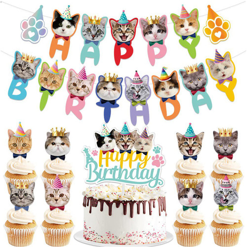 IDOLPET Cat Birthday Party Decoration Cat Faces Banner Kitty Happy Birthday Banner Hanging Cake Topper Party Supplies Includes Cat Party Banner with 8 Cupcake Toppers and IDOLPET Cat Birthday Party Decoration Cat Faces Banner Kitty Happy Birthday Banner Hanging Cake Topper Party Supplies Includes Cat Party Banner with 8 Cupcake Toppers and