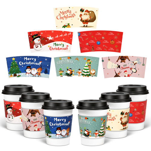 Homlouue 30PCS Christmas Coffee Cup Sleeves Disposable Tea Cup Sleeves Snowman Santa Paper Cup Sleeves Fits 12 and 16oz for Hot Chocolate Cocoa Coffee Cold Beverage, 6 Designs