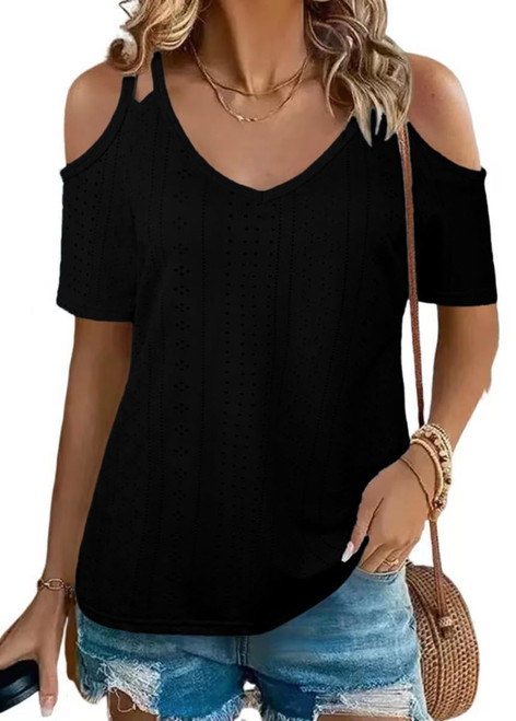 Hollow Out Cold Shoulder T-Shirt for Women Casual Short Sleeve Basic Loose Fit Blouse Tunic Tops(Black,XXL) Hollow Out Cold Shoulder T-Shirt for Women Casual Short Sleeve Basic Loose Fit Blouse Tunic Tops(Black,XXL)