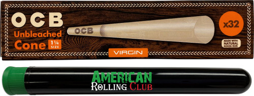 OCB Virgin 1 1/4 Size Cones | 32 Cones Total | Unbleached Pre Rolled Rolling Papers with Tips - Includes American Rolling Club Tube