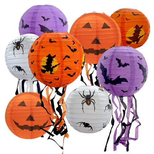 8Pcs Halloween Paper Lanterns Jack-O-Lantern Hanging Pumpkin Spider Bat Lantern Decoration Home Decor Spooky Party Supplies for Halloween Indoor Outdoor Theme Party (Halloween)