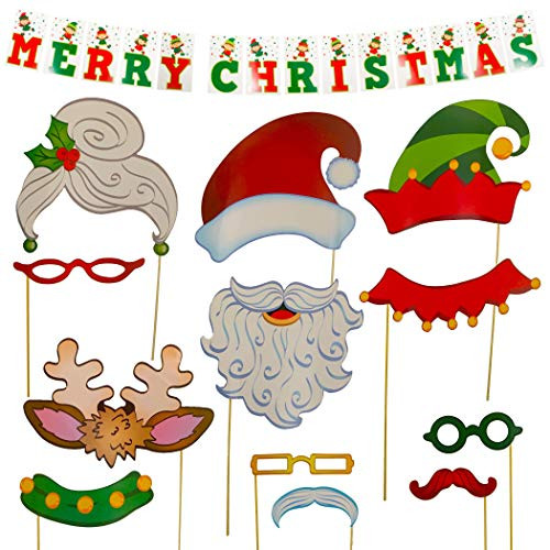 Christmas Photo Booth Props Set | Complete Holiday Selfie Station with Santa and Elf Props and Banner Background