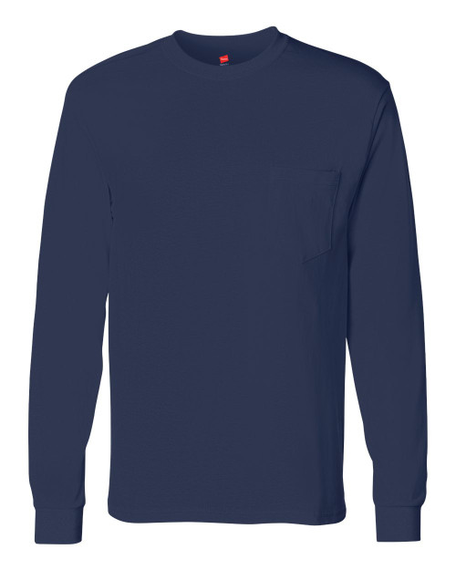 Hanes 6.1 oz. Tagless ComfortSoft Long-Sleeve Pocket T-Shirt, Medium, Navy