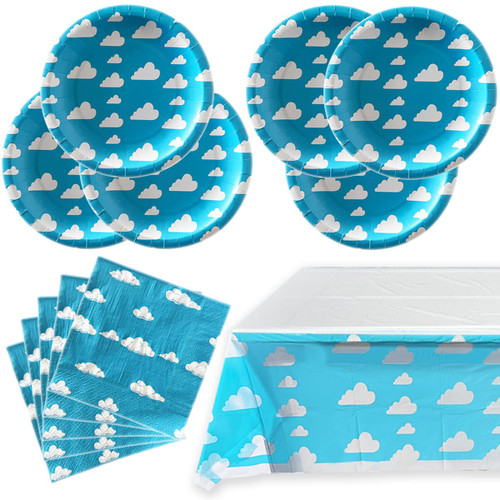 Blue Sky White Clouds Birthday Party Supplies, 20 Plates and 20 Napkins and Tablecloth, Blue Sky Cartoon Theme Birthday Party Decorations for Baby Kids Shower