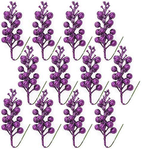 Okngr Glitter Berry Stems, 12 Pcs Christmas Berry Picks Artificial Berry Twig Stem Holly Berries Simulation Berries Pine Branch Christmas Tree Garland Decorations for Holiday Party, Purple