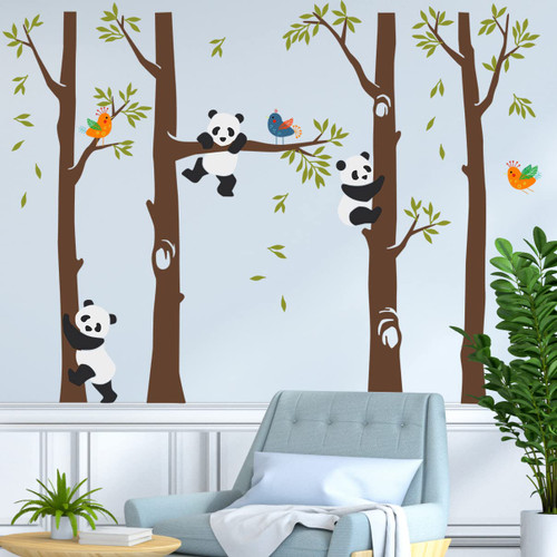RW-4926 Large Brown Tree Wall Decals 3 Pandas On The Tree Branches Wall Stickers Giant Jungle Trees Green Leaf Birds Wall Art Decor for Kids Teens Bedroom Living Room Nursery Decoration