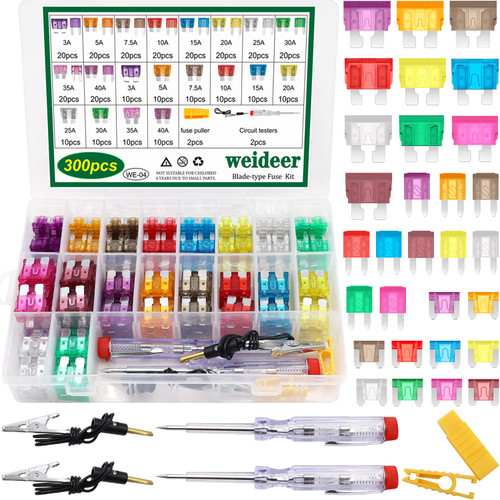 weideer 300pcs Car Fuses Assortment Kit - Blade-Type Automotive Fuses - Standard & Mini & Low Profile Mini (3A 5A 7.5A 10A 15A 20A 25A 30A 35A 40A) with Fuse Puller and Circuit Tester