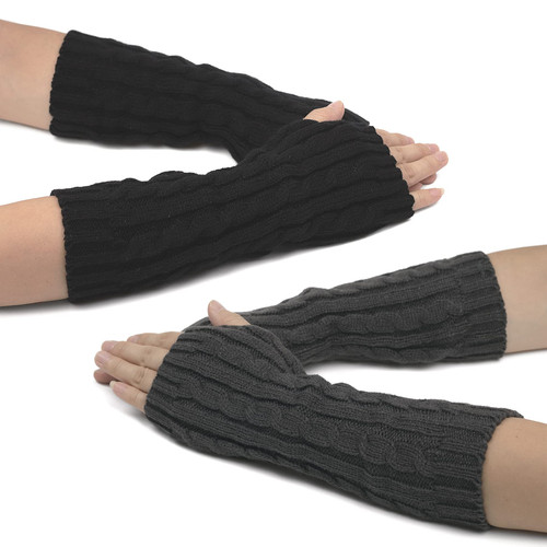 F Flammi 2 Pairs Women's Knit Arm Warmers Fingerless Gloves Thumb Hole Gloves Mittens for Typing Driving Cosplay (Black+Dark Grey)
