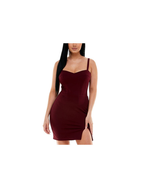 City Studio Womens Burgundy Stretch Zippered Slitted Darted Lace-up Back Sleeveless Sweetheart Neckline Short Evening Sheath Dress Juniors 13