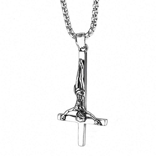 Blowin Upside Down St. Peter Cross Necklace Silver Stainless Steel Vintage Inverted Cross Pendant, 24 Inch Chain Blowin Upside Down St. Peter Cross Necklace Silver Stainless Steel Vintage Inverted Cross Pendant, 24 Inch Chain