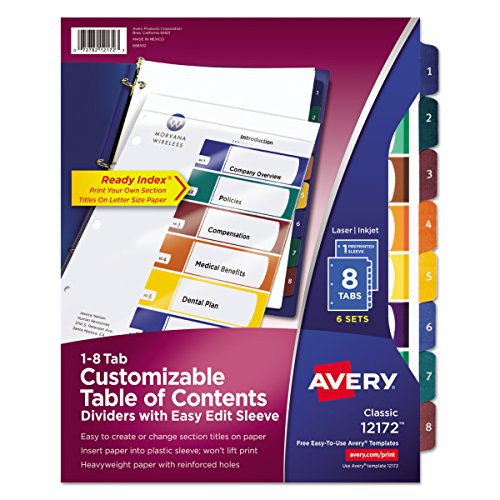 Avery Ready Index Easy Edit Table of Contents Dividers, 8-Tab, 6 Sets (12172)