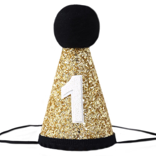 YESSWL 1st Birthday Crown Hat for Baby - First Birthday Party Decor for Boy and Girl, Gold Glitter Birthday Cone Hats for Kids