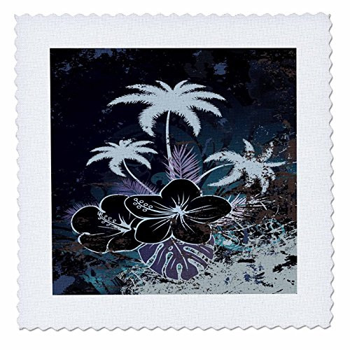 3dRose qs_78115_1 Purple and Blue Hawaiian Flowers with Palm Trees Quilt Square, 10 by 10-Inch