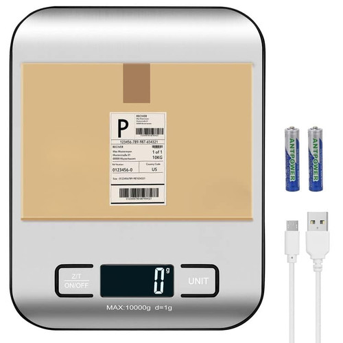 Emarful Small Postal Scale for Packages,Shipping Scale,Kitchen Food Digital Scale,Baking,Cooking,Keto and Meal Prep for Weight Loss,Stainless Steel Waterproof(Silver Black Rechargeable(10kg/1g))