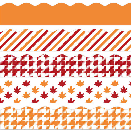 AnyDesign 69Ft Fall Bulletin Board Borders Maple Leaves Plaid Stripe Trim Borders Orange Red Autumn Thanksgiving Bulletin Board Stickers for Harvest School Classroom Office Boho Party Decoration