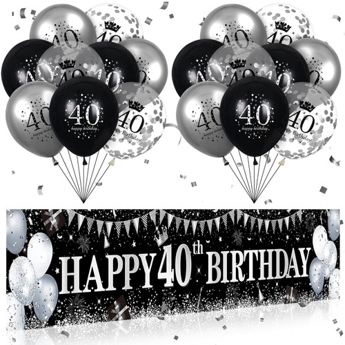 Black Silver 40th Birthday Decorations Black Silver Happy 40th Birthday Banner Yard Sign and 18Pcs Black Silver 40th Birthday Balloons for Men Women Cool Birthday Party Anniversary Decor Supplies