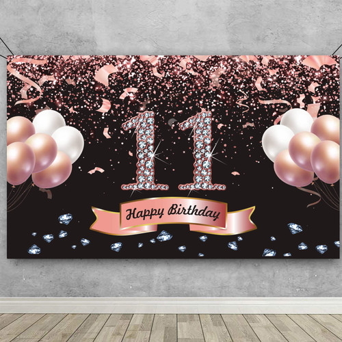 Trgowaul 11th Birthday Decorations for Girls - Rose Gold 11th Birthday Backdrop 5.9 X 3.6 Fts 11th Birthday Party Suppiles Photography Supplies Background Happy 11th Birthday Banner