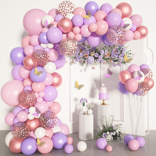 151PCS Pink Balloon Garland Arch Kit Rose Gold White Pink and Purple Balloons Confetti Latex Balloons Butterfly Stickers Decorations for Birthday Party Wedding Baby Shower Decorations