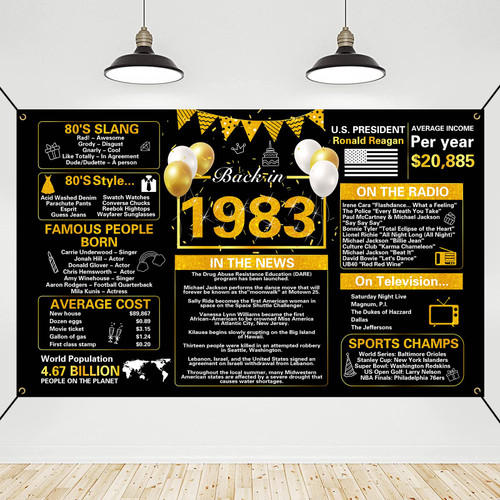 Crenics Black Gold 40th Birthday Decorations, Vintage Back in 1983 Birthday Backdrop Banner, Large 40 Years Old Birthday Anniversary Poster Photo Background Party Supplies for Women Men, 5.9 x 3.6 Ft
