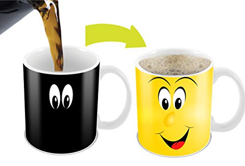 Cortunex Morphing  Morning Coffee Mug.11 Ounce. Changing Color Mug For Cartoon Lovers Ceramic Heat Sensitive Color Changing Coffee Mug. Novelty Heat Sensitive Mug With A Funny Yellow  Smiley Face