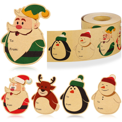 500 Pieces Christmas Kraft Tag Stickers Self Adhesive Christmas Gift Tags Kraft Name Tag to from Labels Holiday Labels Stickers Christmas Sticker Label Roll for Xmas Present Wrapping (Adorable Style)