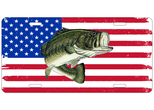 USA Flag Bass Fishing License Plate Novelty Auto Car Tag Vanity Gift Bass Fish