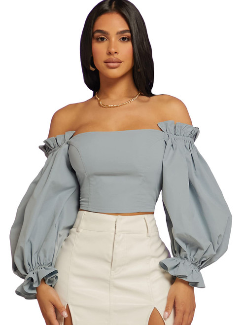 Verdusa Women's Ruffle Trim Off Shoulder Bishop Sleeve Shirred Blouse Crop Top Blue M