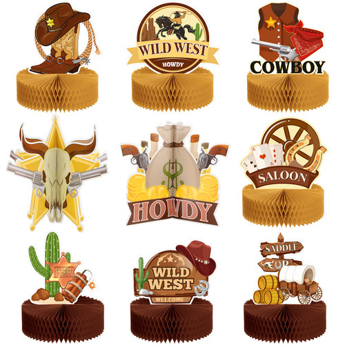 9 Pcs Wild West Cowboy Honeycomb Centerpieces Wild West Party Decoration Wild West Cowboy Table Centerpieces 3D Cowboy Table Topper Paper West Cowboy Centerpieces for Western Theme Party Decoration