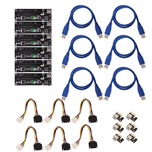 Anxingo 6PCS PCI-E 1x to 16x GPU Riser Adapter with USB 3.0 Riser Cable Flexible Extension Cable and 4-Pin PCI-E to SATA Power Cable, Powered Riser Adapter Card